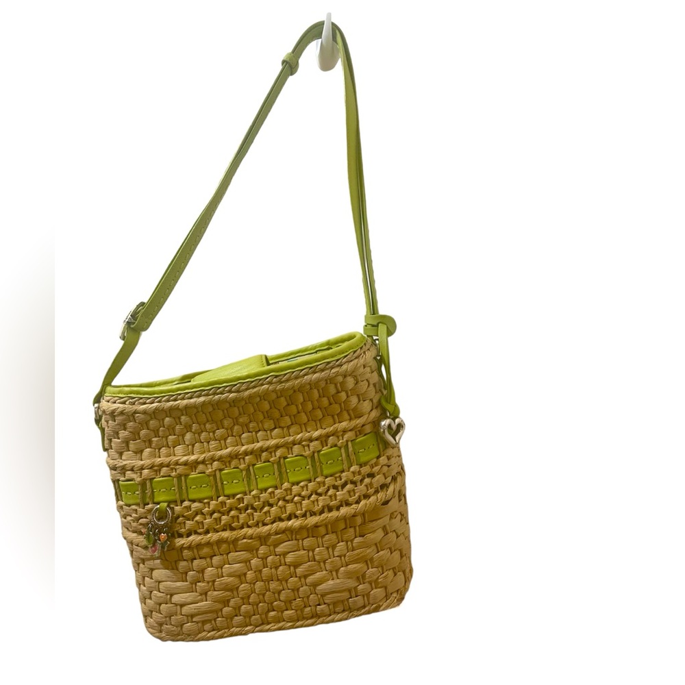 Brighton-Braided Woven Straw Tote Bag With Lime Green Leather Straps and Trim.